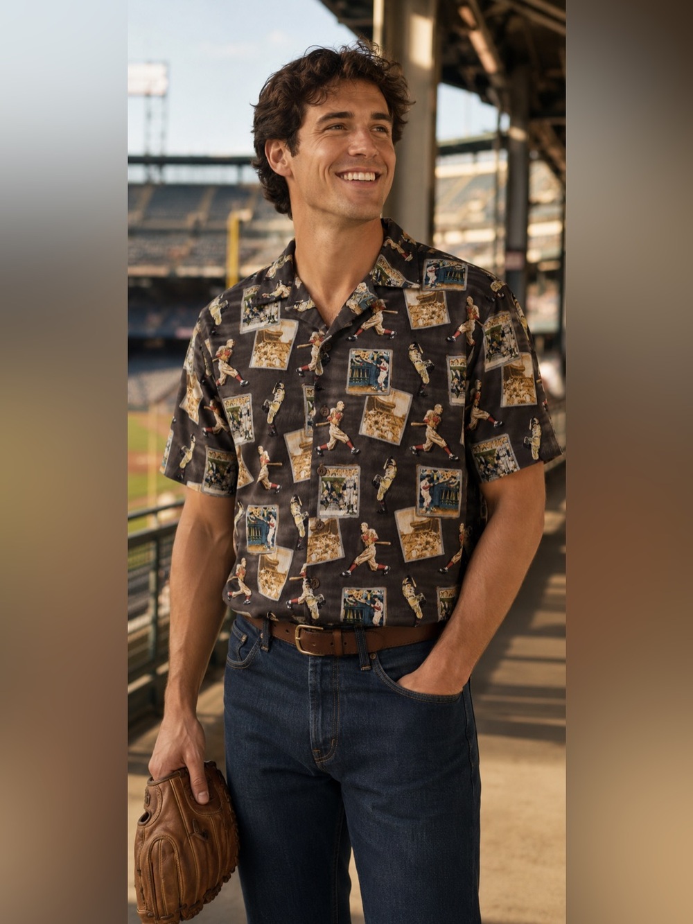 Vintage Baseball Stadium Print Men's The Saturday Evening Post Button Up Shirt M